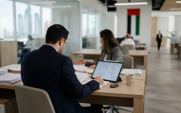 Illustration: A modern technological patent office setting in the UAE with official paperwork, digital tablets showing design blueprints, and minimali