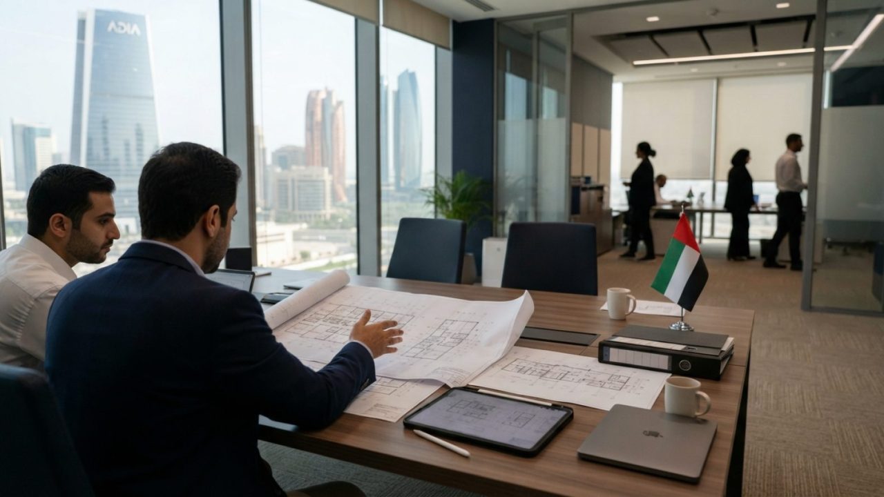 Illustration: A modern intellectual property and patent office interior in the United Arab Emirates with architectural blueprints, technical drafting