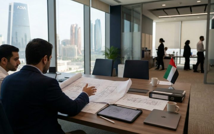 Illustration: A modern intellectual property and patent office interior in the United Arab Emirates with architectural blueprints, technical drafting