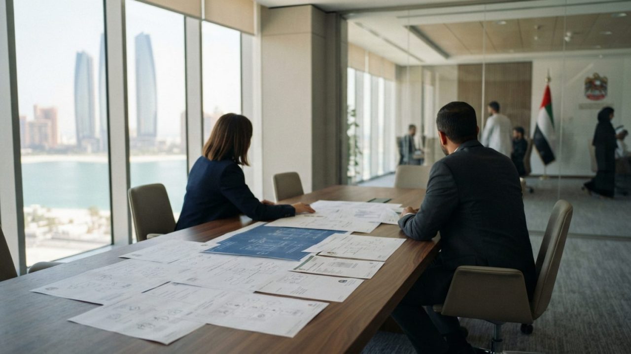 Illustration: A modern intellectual property registry office interior in Abu Dhabi with clean architectural lines, warm natural lighting through floor