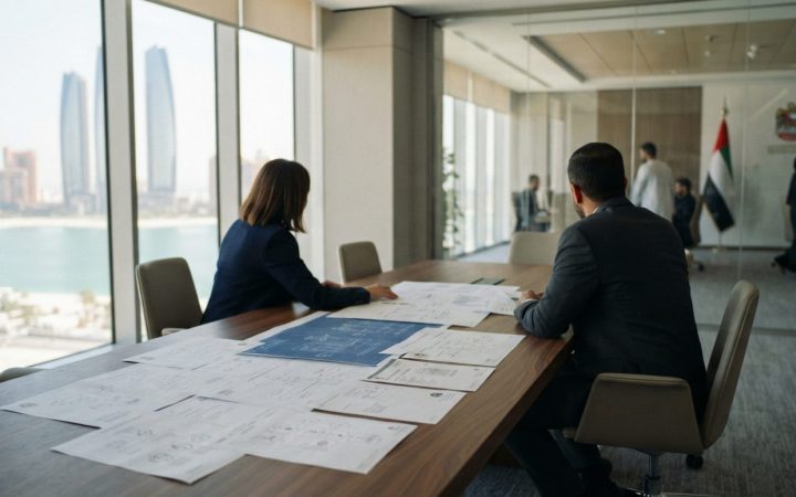 Illustration: A modern intellectual property registry office interior in Abu Dhabi with clean architectural lines, warm natural lighting through floor