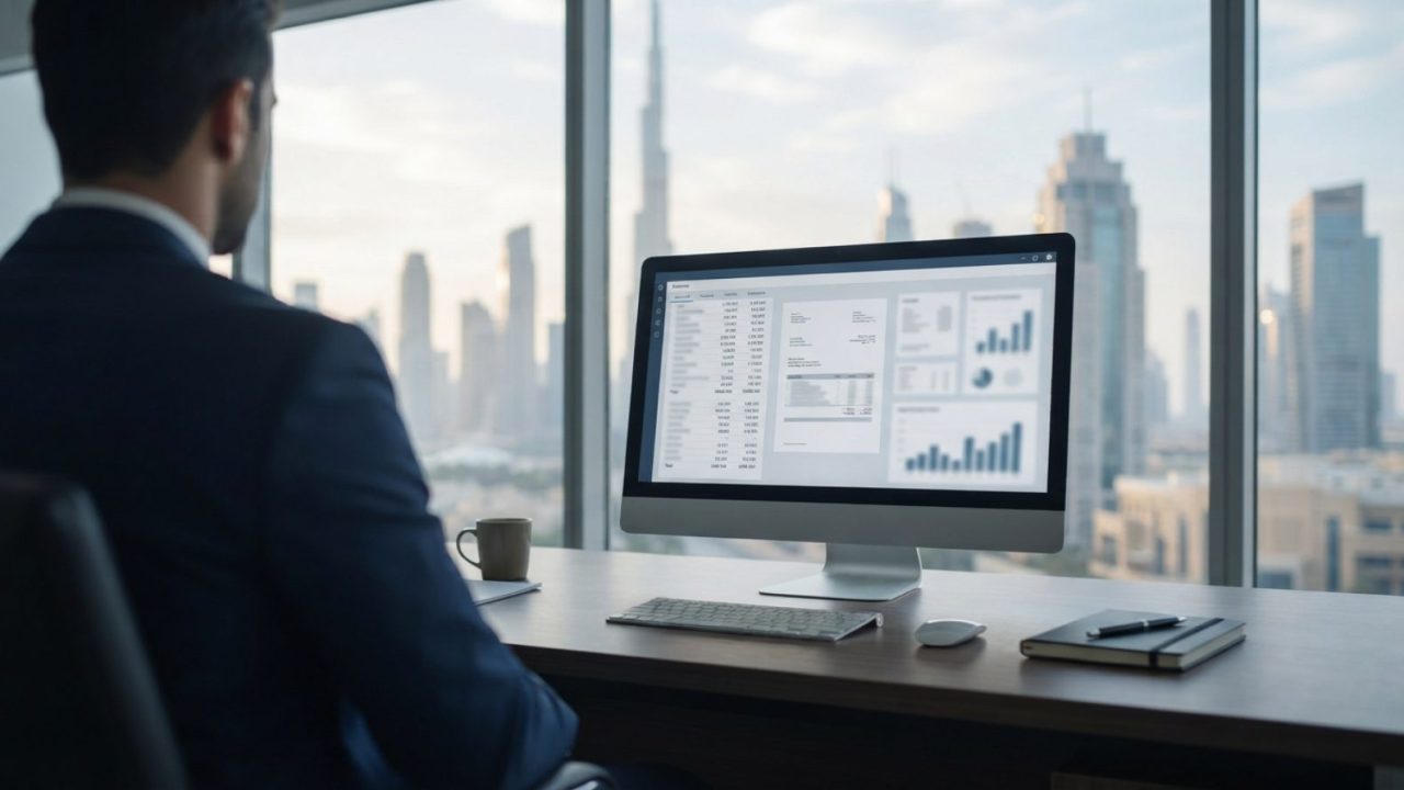 Illustration: A modern corporate office desk in Dubai with financial accounting software and digital invoice documents displayed on a computer screen,