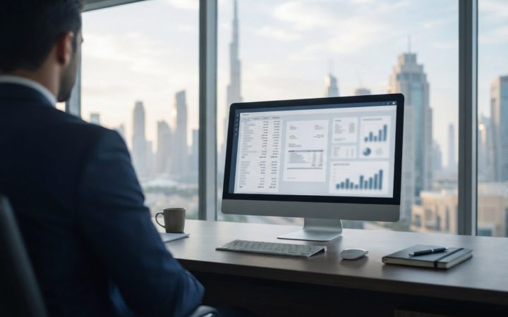 Illustration: A modern corporate office desk in Dubai with financial accounting software and digital invoice documents displayed on a computer screen,