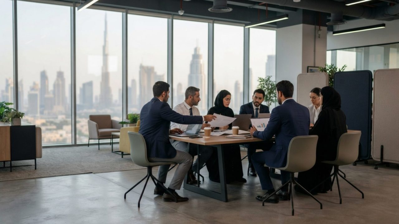 Illustration: A modern corporate office interior in Dubai featuring diverse business professionals collaborating in a sunlit open-plan workspace with