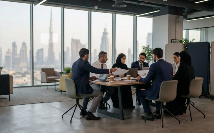 Illustration: A modern corporate office interior in Dubai featuring diverse business professionals collaborating in a sunlit open-plan workspace with