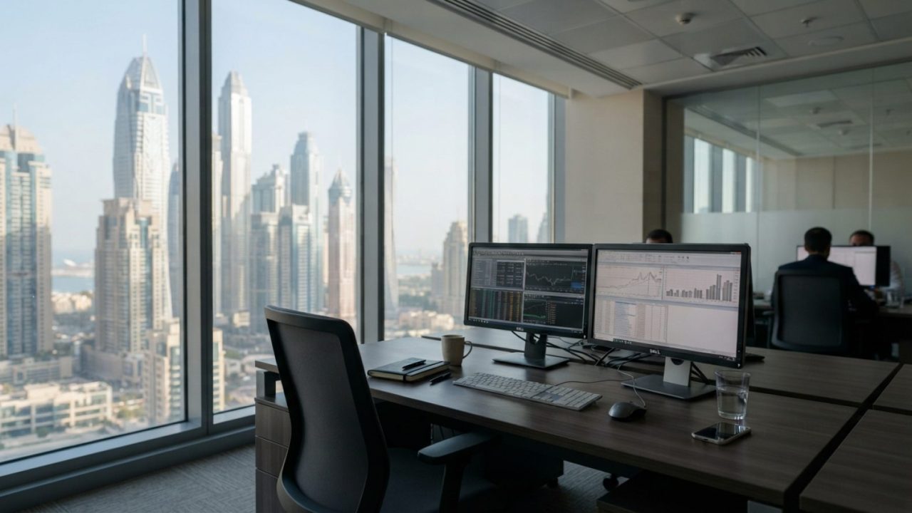 Illustration: An empty modern corporate finance office desk in Dubai with financial charts and digital invoicing spreadsheets displayed on dual comput