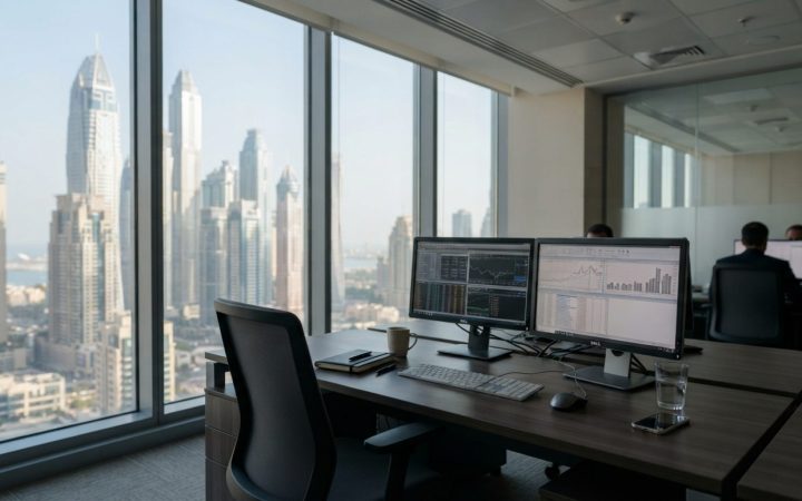Illustration: An empty modern corporate finance office desk in Dubai with financial charts and digital invoicing spreadsheets displayed on dual comput