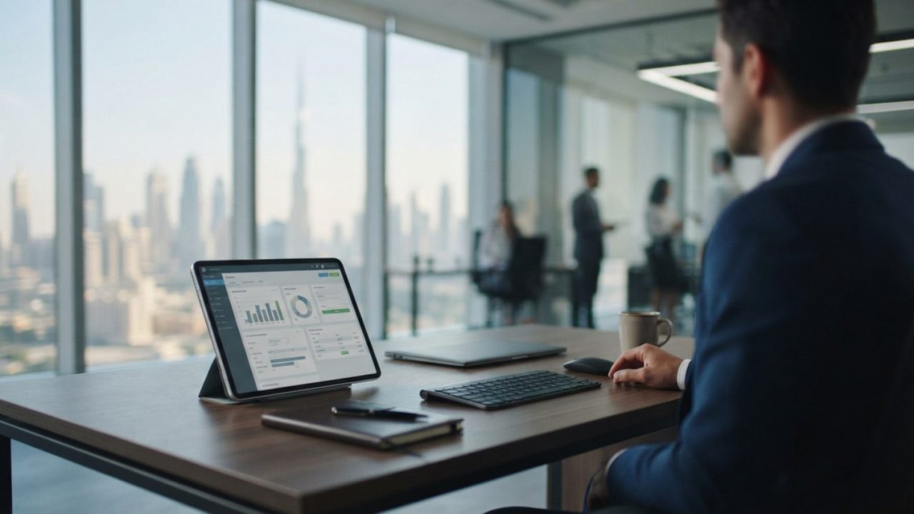Illustration: A modern corporate office desk in Dubai with a tablet displaying digital financial management software and an electronic invoice system,