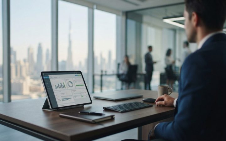 Illustration: A modern corporate office desk in Dubai with a tablet displaying digital financial management software and an electronic invoice system,