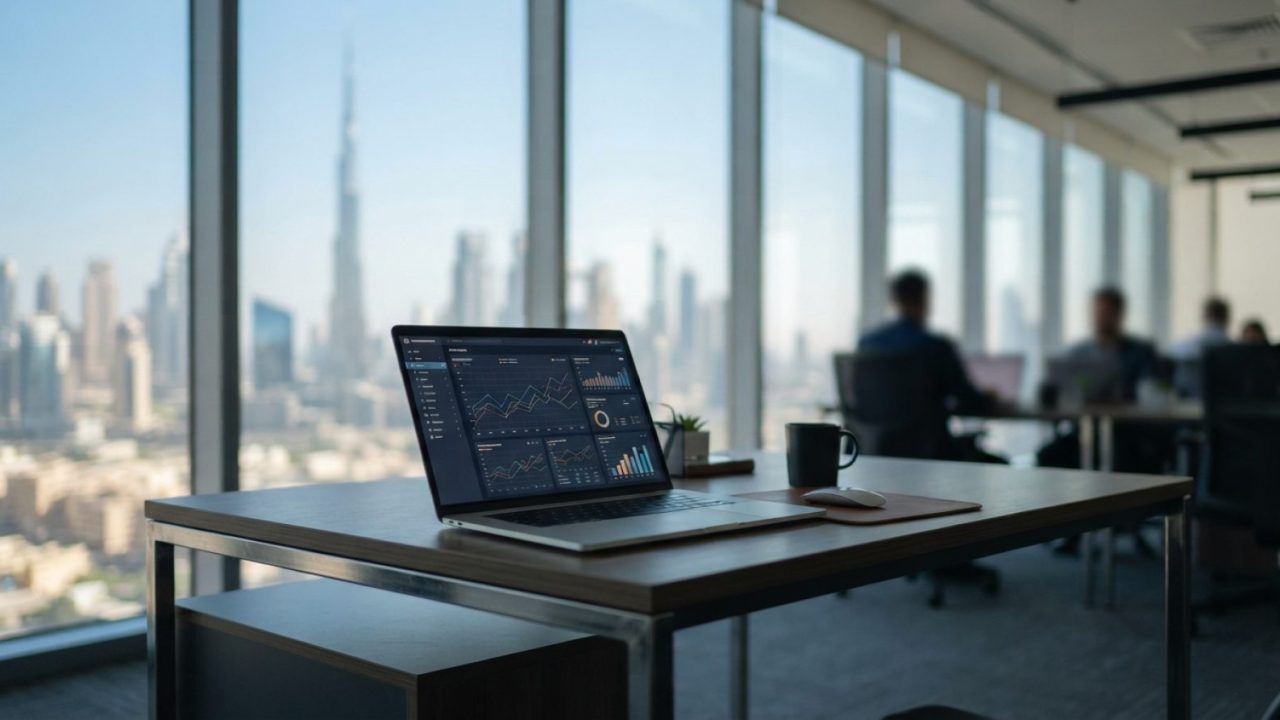 Illustration: A modern corporate office desk in Dubai with a laptop displaying clean digital financial dashboards and charts, with blurred city archit