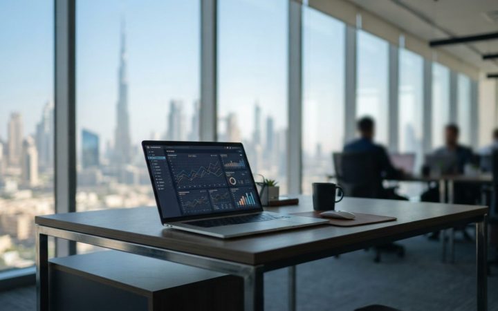 Illustration: A modern corporate office desk in Dubai with a laptop displaying clean digital financial dashboards and charts, with blurred city archit