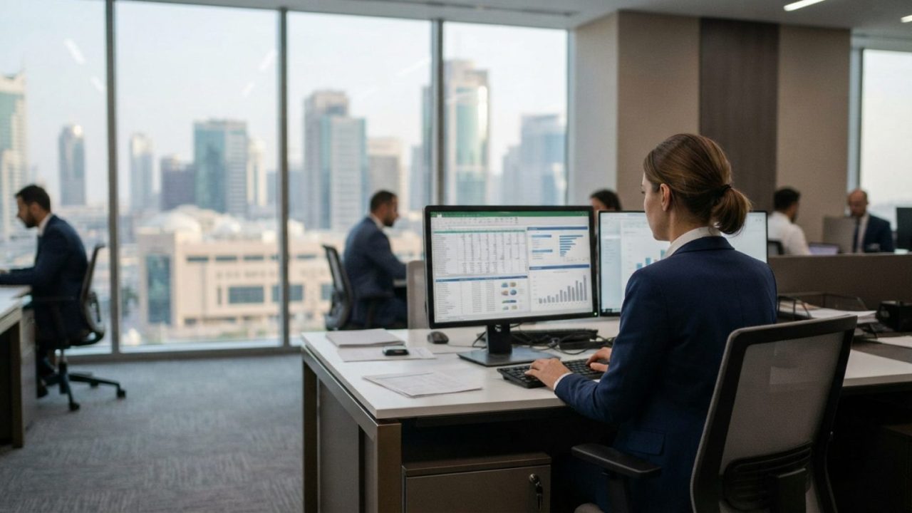 Illustration: A modern corporate accounting office in Dubai featuring an accountant working on digital financial systems on a computer monitor, with b