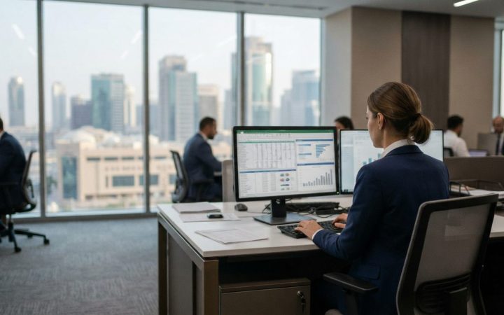 Illustration: A modern corporate accounting office in Dubai featuring an accountant working on digital financial systems on a computer monitor, with b