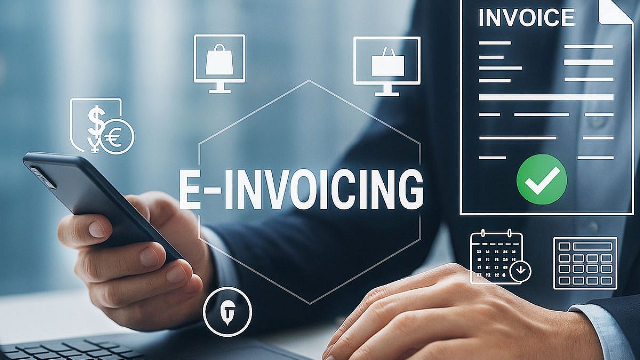 Businessman working on laptop with digital e-invoicing concept graphics overlay