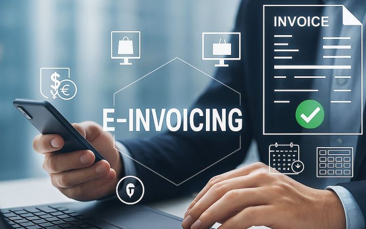 Businessman working on laptop with digital e-invoicing concept graphics overlay