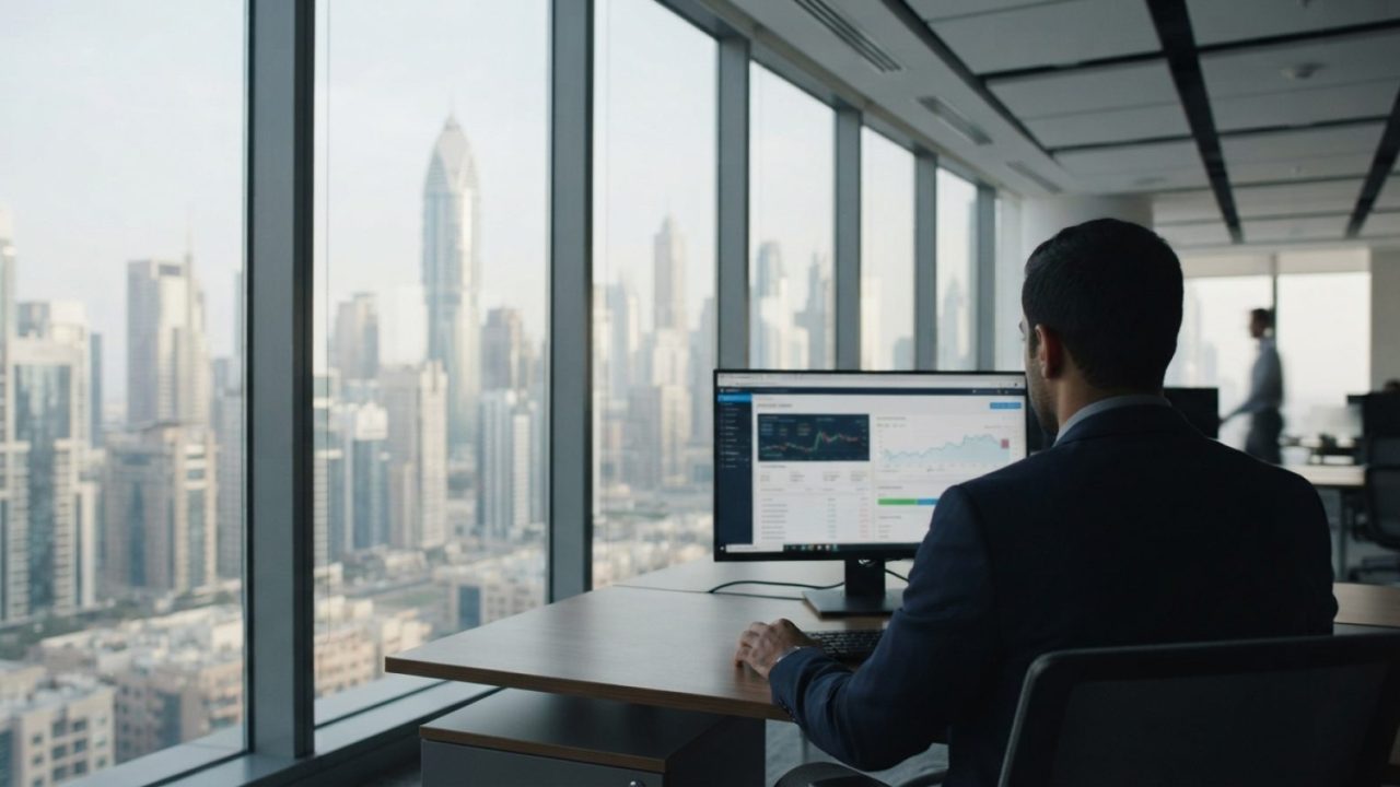 Illustration: A modern corporate office interior in Dubai showing a computer display with financial accounting software and digital invoices, with hig