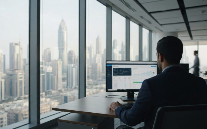 Illustration: A modern corporate office interior in Dubai showing a computer display with financial accounting software and digital invoices, with hig