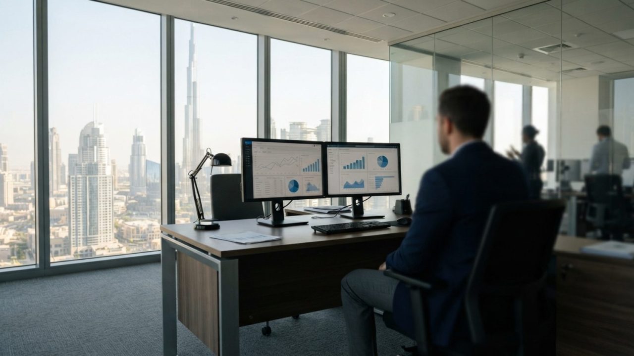 Illustration: A modern corporate office desk in a Dubai financial tower, featuring a dual-monitor setup displaying digital business charts and softwar