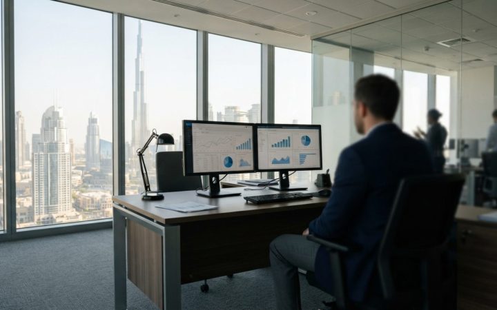 Illustration: A modern corporate office desk in a Dubai financial tower, featuring a dual-monitor setup displaying digital business charts and softwar