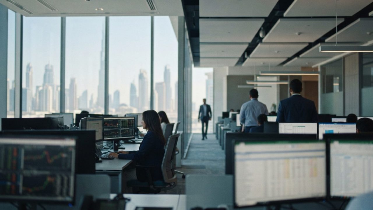 Illustration: A modern corporate accounting office in Dubai with financial spreadsheets and tax documentation displayed on computer monitors, with cit