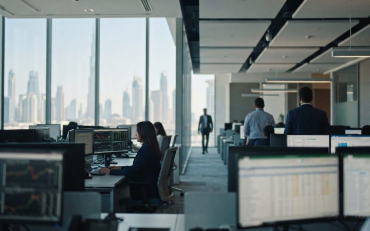 Illustration: A modern corporate accounting office in Dubai with financial spreadsheets and tax documentation displayed on computer monitors, with cit
