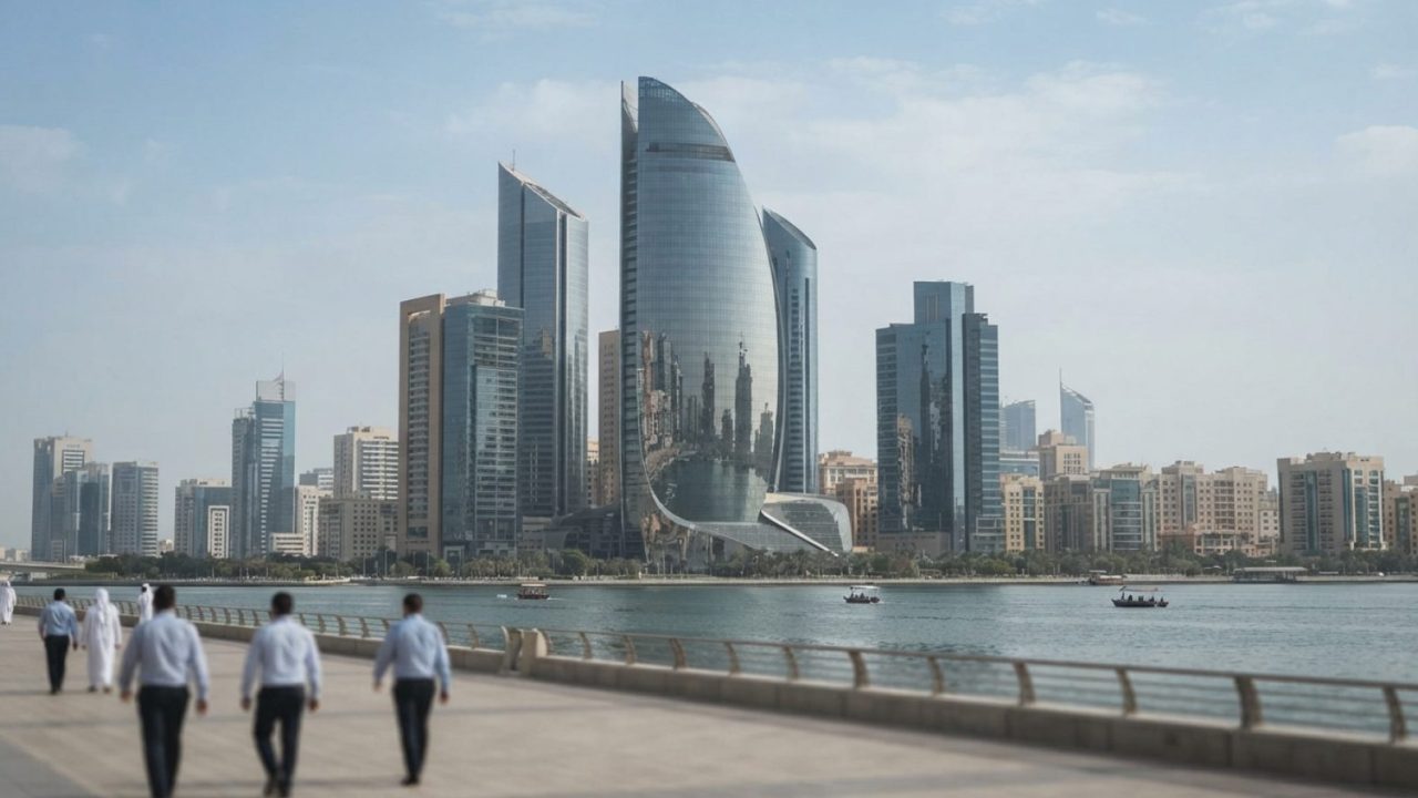 Illustration: Modern financial district office building in Abu Dhabi or Dubai, showing sleek glass facade and modern corporate headquarters architectu