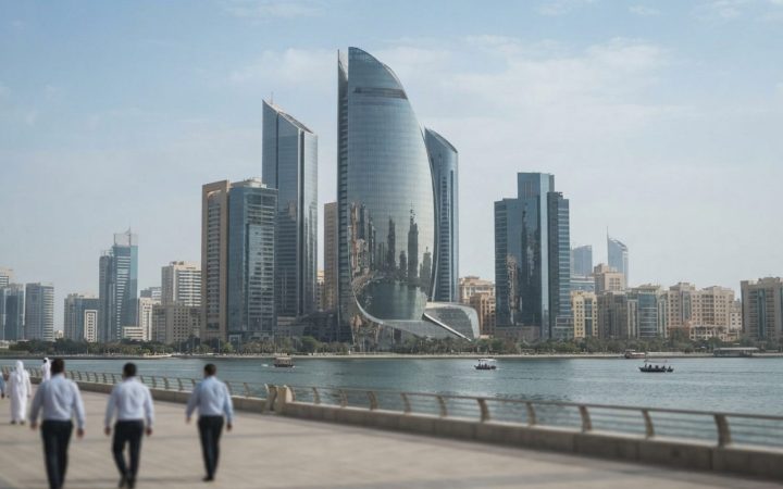 Illustration: Modern financial district office building in Abu Dhabi or Dubai, showing sleek glass facade and modern corporate headquarters architectu