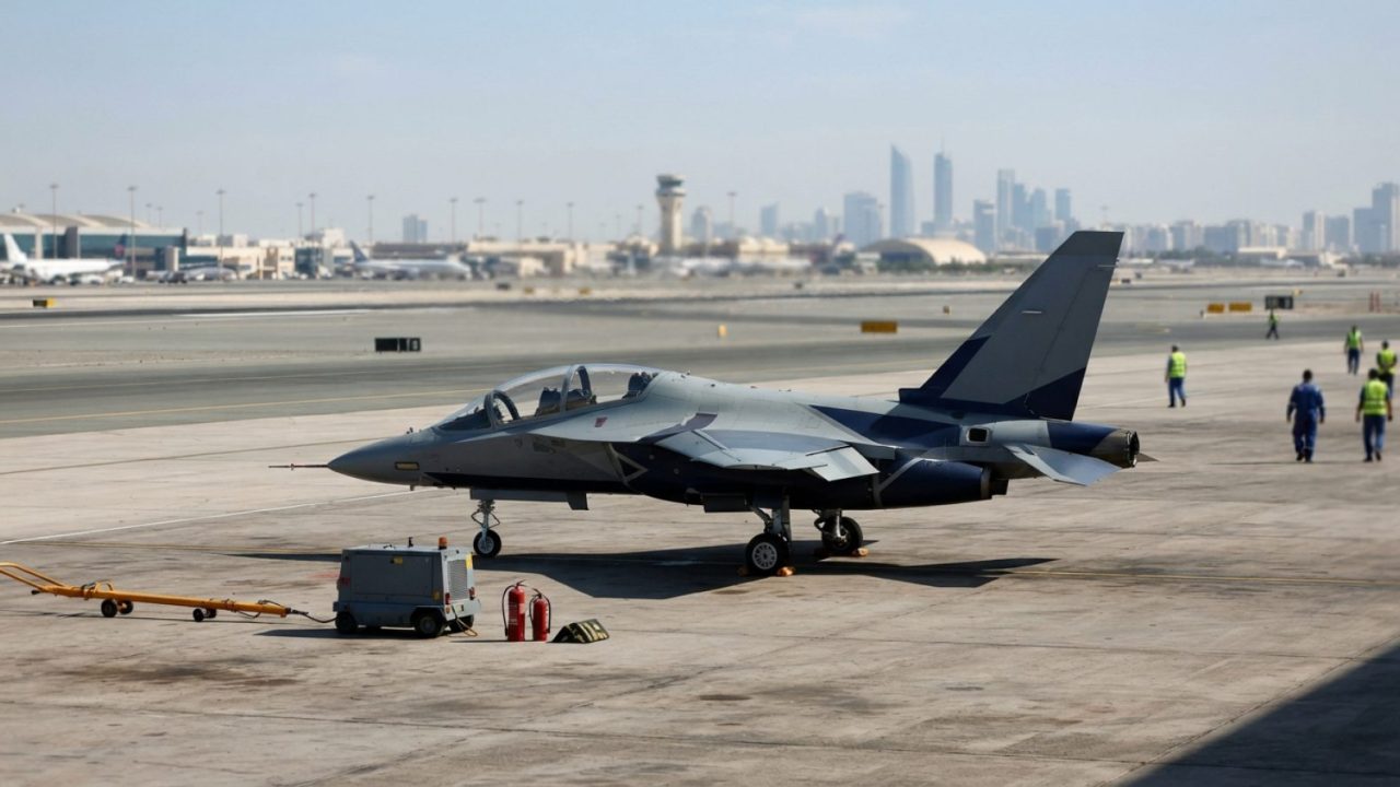 Illustration: A modern twin-engine advanced jet trainer aircraft painted in sleek display livery parked on an airfield tarmac under bright daylight, w