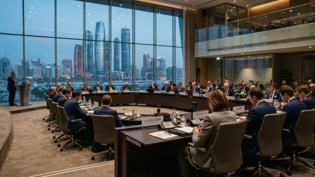 Illustration: A realistic editorial news photo showing the interior of a contemporary international central banking forum with delegates seated at mod