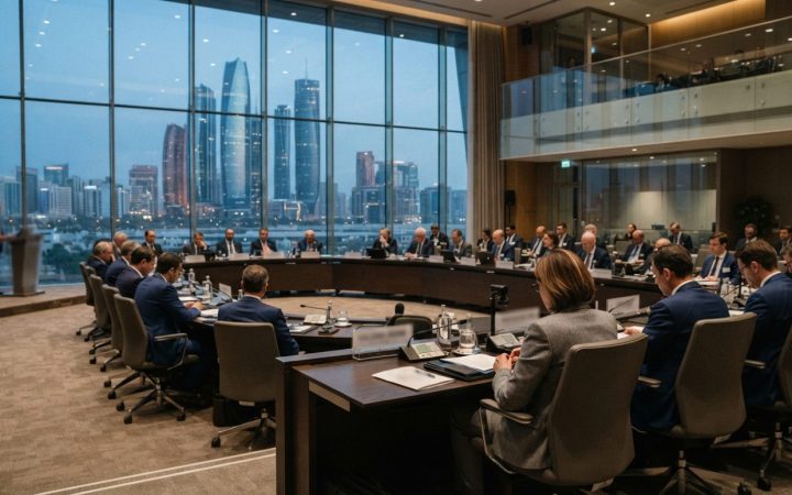 Illustration: A realistic editorial news photo showing the interior of a contemporary international central banking forum with delegates seated at mod