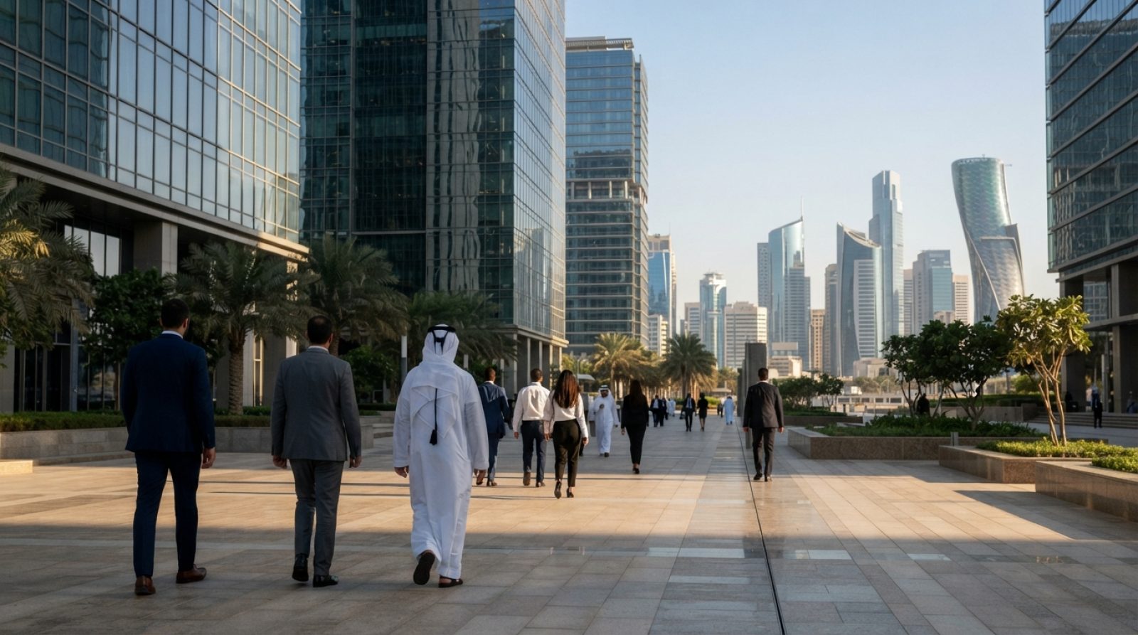 Illustration: A modern commercial office district in the United Arab Emirates with corporate glass buildings and business professionals walking along
