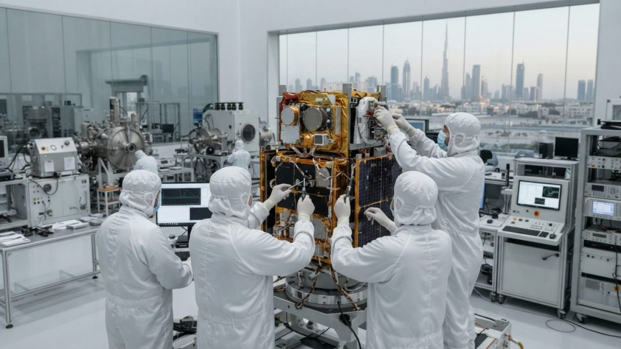 Illustration: A modern satellite integration and aerospace cleanroom laboratory in the United Arab Emirates, showing engineers in white cleanroom suit