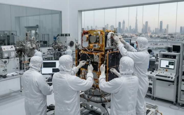 Illustration: A modern satellite integration and aerospace cleanroom laboratory in the United Arab Emirates, showing engineers in white cleanroom suit