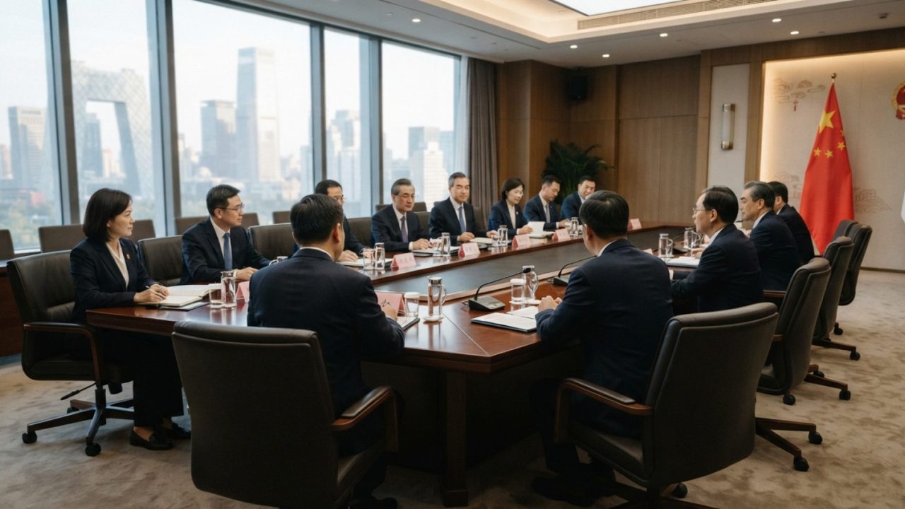 Illustration: A modern, formal bilateral meeting room in Beijing with a polished dark wood conference table, sleek architectural lines, and neutral wa
