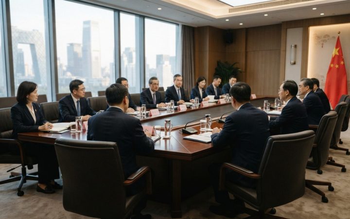 Illustration: A modern, formal bilateral meeting room in Beijing with a polished dark wood conference table, sleek architectural lines, and neutral wa