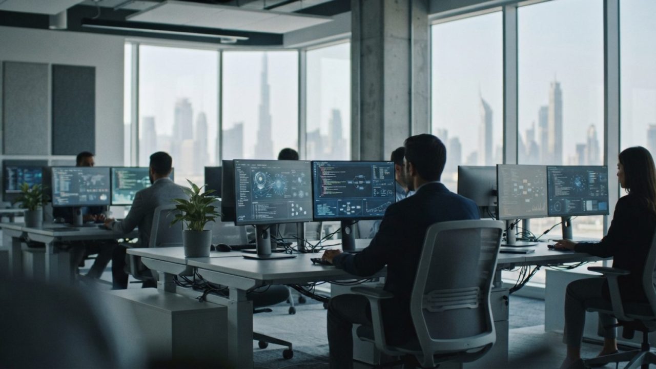 Illustration: Editorial photograph of a modern tech office in Dubai with computer monitors displaying futuristic educational software and AI code dash