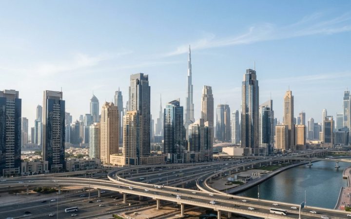 Illustration: A wide angle editorial photograph of the modern commercial skyline and financial district of Dubai under clear skies, showing reflective