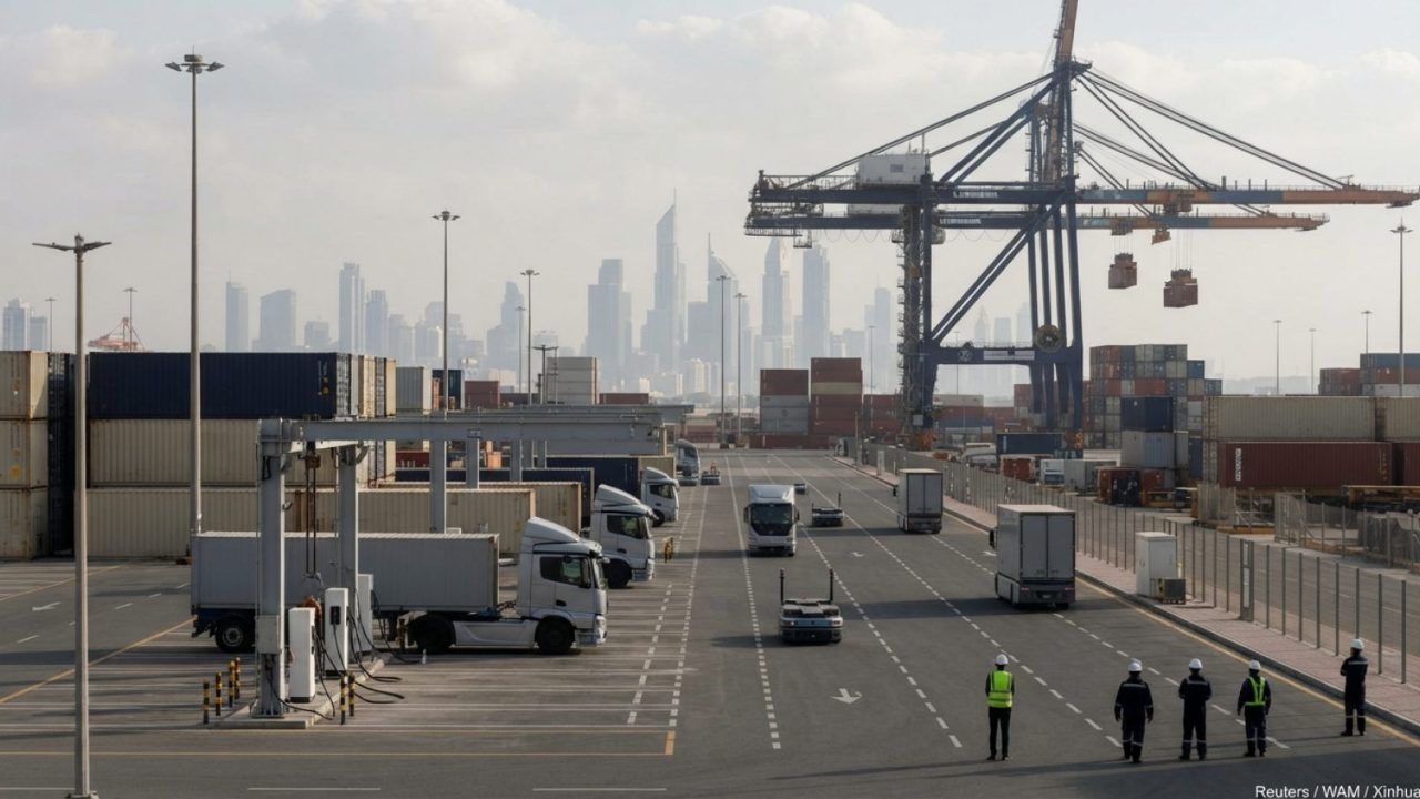 Illustration: A modern automated container logistics yard and electric commercial fleet charging depot with sleek transport vehicles, bathed in daytim
