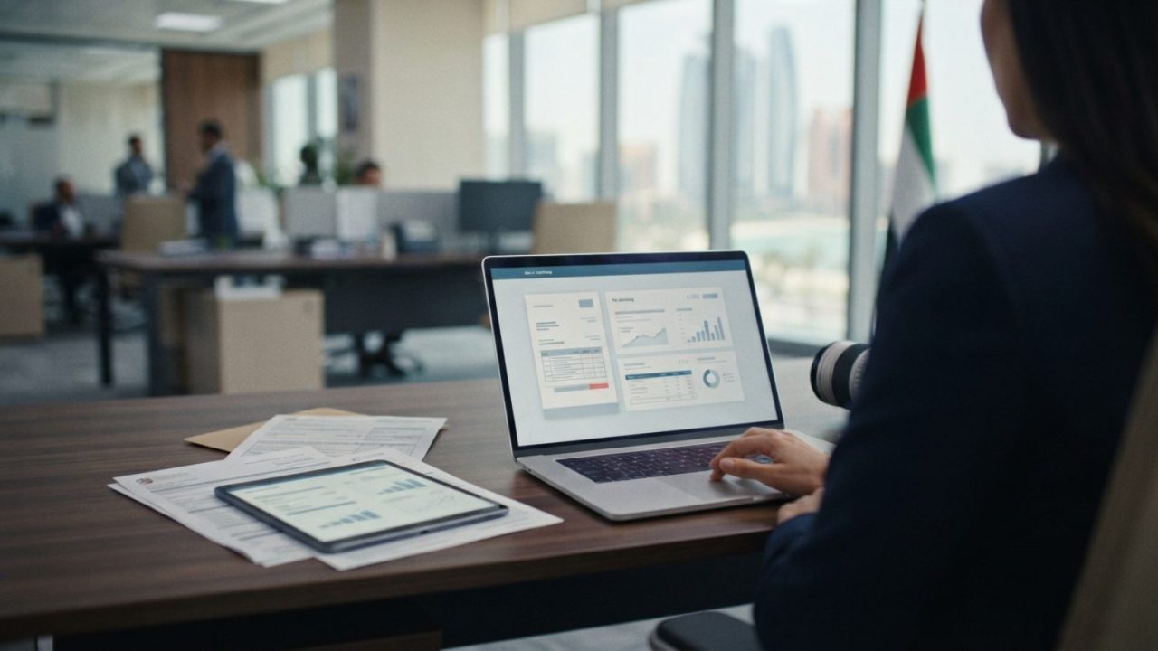 Illustration: A modern corporate office desk in the United Arab Emirates with a laptop displaying an electronic invoicing interface, tax compliance do
