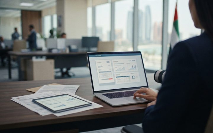 Illustration: A modern corporate office desk in the United Arab Emirates with a laptop displaying an electronic invoicing interface, tax compliance do