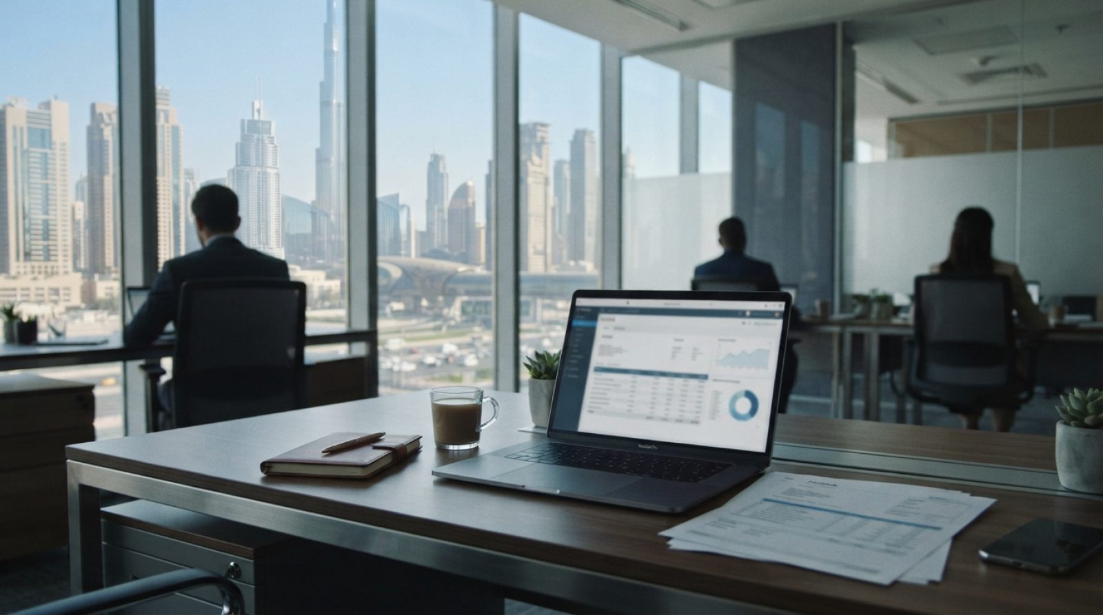 Illustration: A modern corporate office desk in Dubai with a laptop displaying business software and invoice spreadsheets, with high-rise financial di