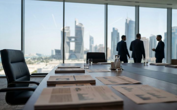 Illustration: Editorial photograph of a sleek glass corporate financial headquarters in Abu Dhabi under bright daylight, with a clean boardroom table