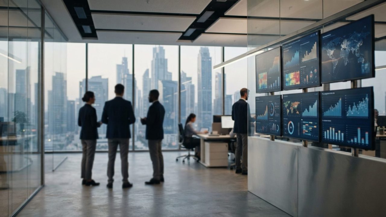 Illustration: A modern financial and tax office setting featuring digital data screens displaying analytical graphs and tax compliance data visualizat