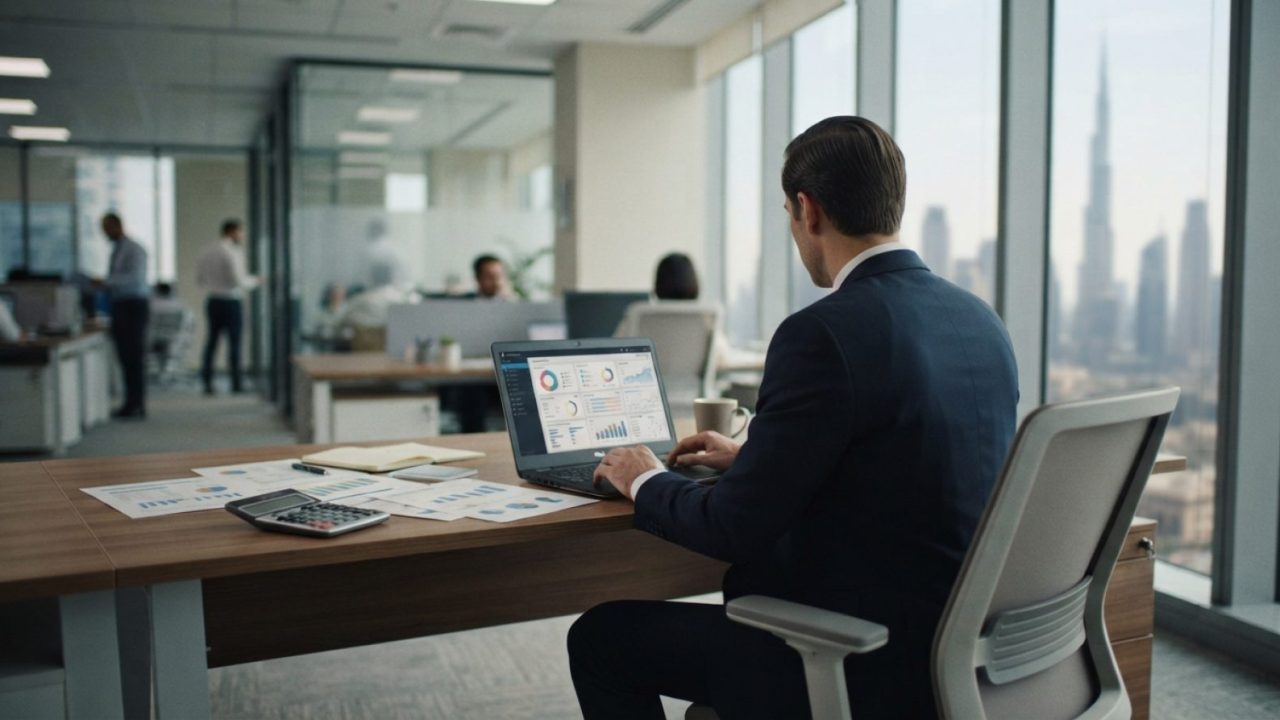 Illustration: A modern corporate office desk in Dubai with a laptop displaying business software dashboards, alongside financial documents and a digit