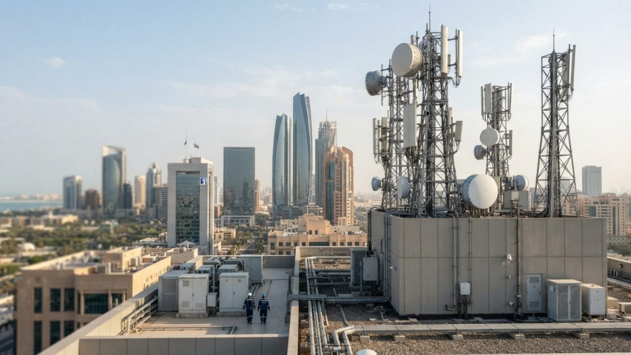 Illustration: High-tech telecommunications transmission towers and modern commercial rooftop antennas against a sleek metropolitan skyline under clear