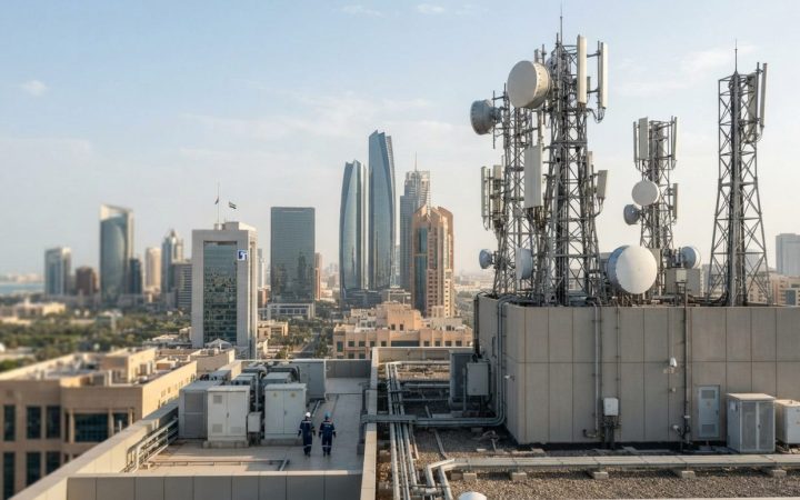 Illustration: High-tech telecommunications transmission towers and modern commercial rooftop antennas against a sleek metropolitan skyline under clear