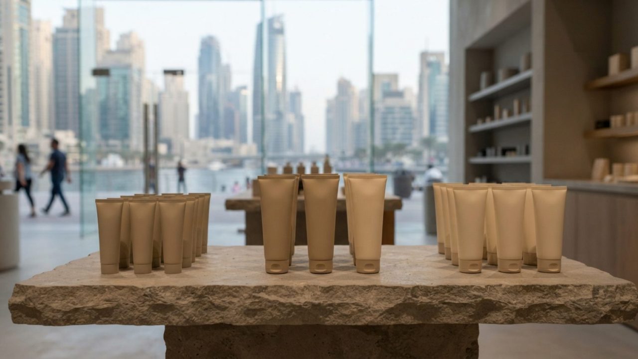 Illustration: Editorial product shot of minimalist eco-friendly skincare cosmetic squeeze tubes neatly arranged on a clean stone shelf in a contempora