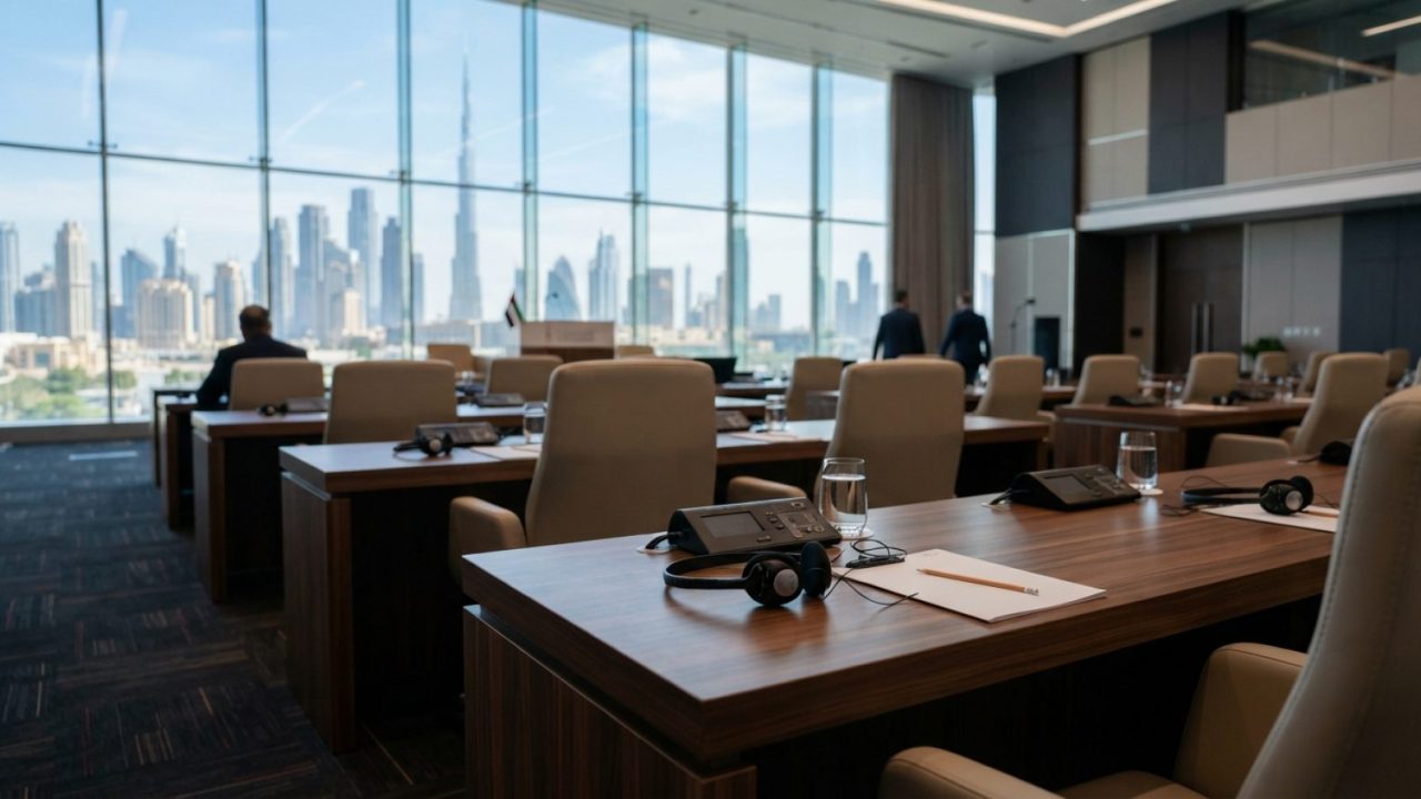 Illustration: A modern, formal conference hall in Dubai with sleek polished wooden desks, empty delegate seats, translation headsets, and floor-to-cei