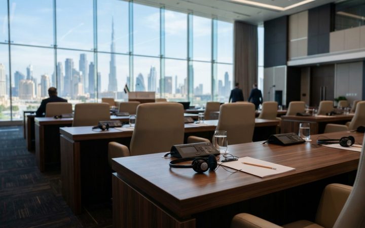 Illustration: A modern, formal conference hall in Dubai with sleek polished wooden desks, empty delegate seats, translation headsets, and floor-to-cei