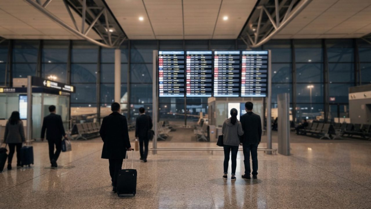 Illustration: Editorial photograph showing international departure gates at a modern airport terminal with travellers checking flight boards listing f
